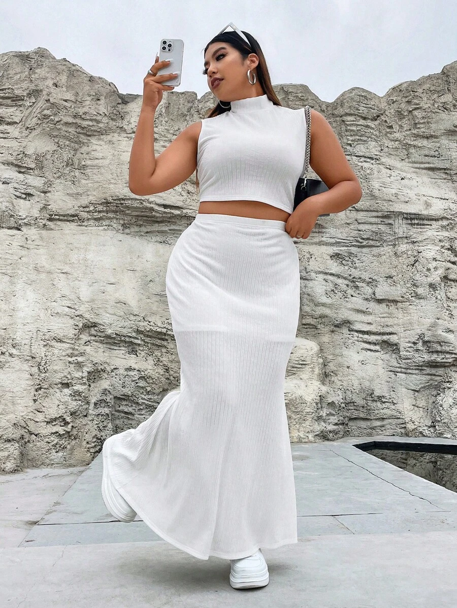 SHEIN ICON Bộ thời trang Plus Size Gân đan màu trơn Giải trí - trắng - Xem 1