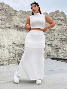 SHEIN ICON Bộ thời trang Plus Size Gân đan màu trơn Giải trí - trắng - Xem 7
