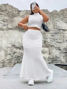 SHEIN ICON Bộ thời trang Plus Size Gân đan màu trơn Giải trí - trắng - Xem 2