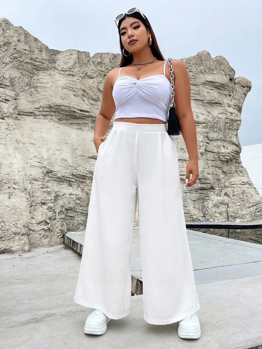 Flirla Plus Solid Slant Pocket Wide Leg Trousers - White - View 1