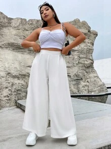 Flirla Plus Solid Slant Pocket Wide Leg Trousers - White - View 5