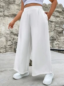 Flirla Plus Solid Slant Pocket Wide Leg Trousers - White - View 7