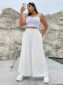 Flirla Plus Solid Slant Pocket Wide Leg Trousers - White - View 8