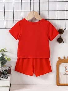 Đứa bé trai Đồ họa Chữ cái Áo thun & quần đùi - Đỏ - Xem 2