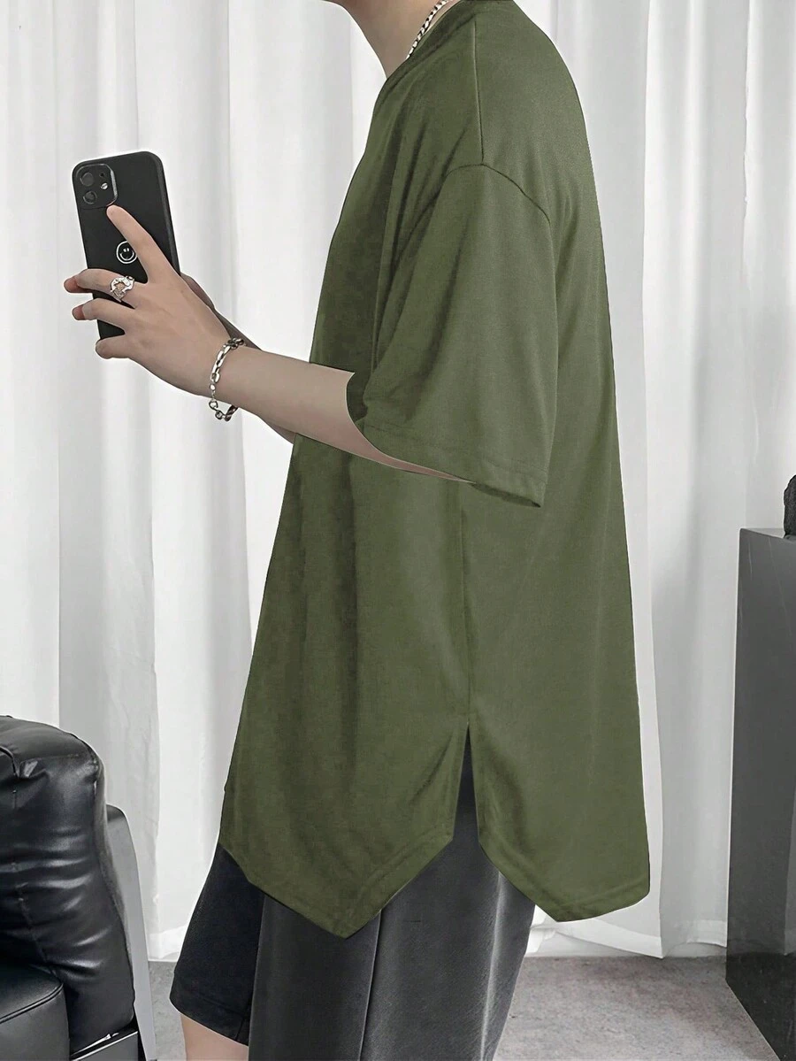 Manfinity Hypemode Áo thun nam Chia màu trơn Giải trí - xanh quân đội - Xem 1