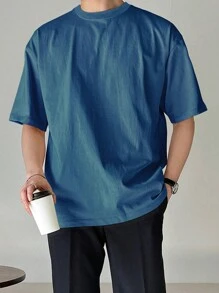 DAZY Hombres Camiseta de hombros caídos algodón unicolor - Azul - Ver 3