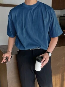 DAZY Hombres Camiseta de hombros caídos algodón unicolor - Azul - Ver 4