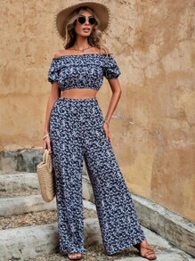 EURMUSE Ditsy Floral Print Off Shoulder Crop Top & Wide Leg Trousers - Multicolor - View 1