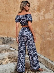 EURMUSE Ditsy Floral Print Off Shoulder Crop Top & Wide Leg Trousers - Multicolor - View 2