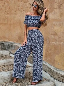 EURMUSE Ditsy Floral Print Off Shoulder Crop Top & Wide Leg Trousers - Multicolor - View 4