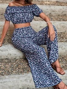 EURMUSE Ditsy Floral Print Off Shoulder Crop Top & Wide Leg Trousers - Multicolor - View 5
