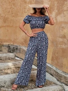 EURMUSE Ditsy Floral Print Off Shoulder Crop Top & Wide Leg Trousers - Multicolor - View 6