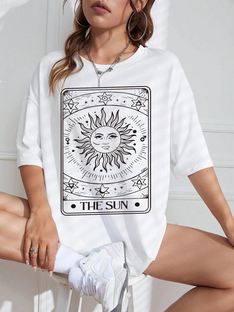 SHEIN EZwear Áo thun nữ Lá thư Đồ họa Giải trí - trắng - Xem 1