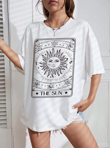 SHEIN EZwear Áo thun nữ Lá thư Đồ họa Giải trí - trắng - Xem 4