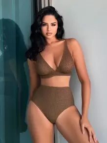 SHEIN Swim Bộ áo tắm liền thân đi biển mùa hè & Bộ bikini đáy bơi cạp cao - Cà phê nâu - Xem 1