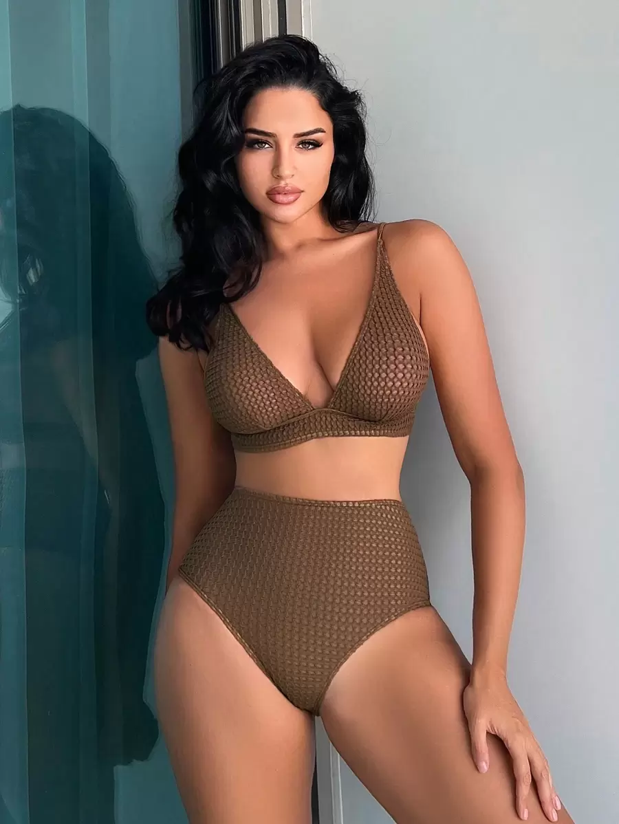 SHEIN Swim Bộ áo tắm liền thân đi biển mùa hè & Bộ bikini đáy bơi cạp cao - Cà phê nâu - Xem 1