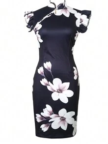 In hoa Viền Ruffle Đầm - Đen và trắng - Xem 3