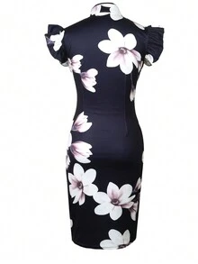 In hoa Viền Ruffle Đầm - Đen và trắng - Xem 4