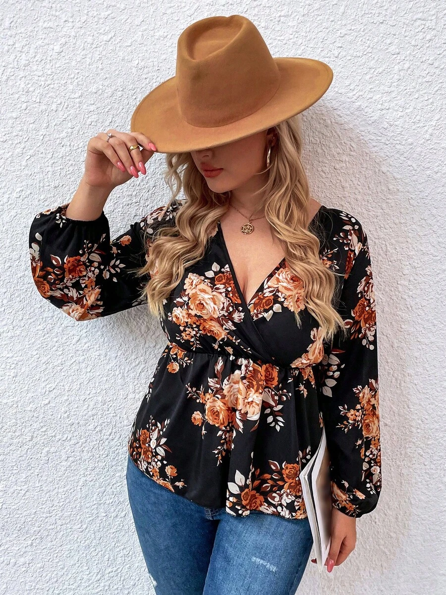 Áo sơ mi Plus Size Trọn gói Hoa Giải trí - màu đen - Xem 1