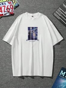 Manfinity Homme 男士棉字母圖案T恤 - 白色 - 查看 4