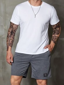 Manfinity Homme 男士大码字母貼布腰部抽繩短褲 - 灰色 - 查看 4