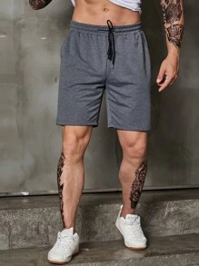 Manfinity Homme 男士大码字母貼布腰部抽繩短褲 - 灰色 - 查看 5