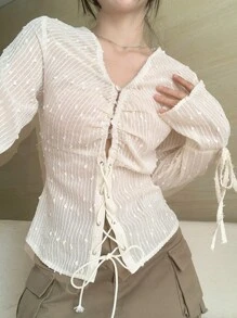 DAZY Solid Lace Up Front Knot Cuff Blouse Long Sleeve Top - Beige - View 1