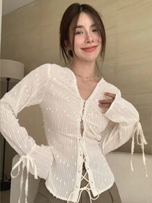 DAZY Solid Lace Up Front Knot Cuff Blouse Long Sleeve Top - Beige - View 3