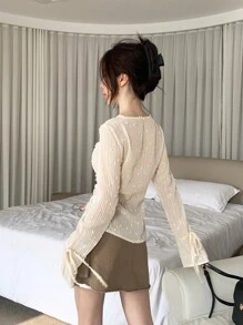 DAZY Solid Lace Up Front Knot Cuff Blouse Long Sleeve Top - Beige - View 6