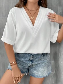 SHEIN LUNE 大碼素色V領襯衫 - 白色 - 查看 4