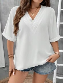 SHEIN LUNE 大碼素色V領襯衫 - 白色 - 查看 3