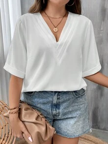 SHEIN LUNE 大碼素色V領襯衫 - 白色 - 查看 5