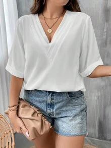 SHEIN LUNE 大碼素色V領襯衫 - 白色 - 查看 6