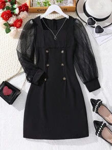 SHEIN 女大童網紗拼接雙排釦前連衣裙 - 黑色 - 查看 1