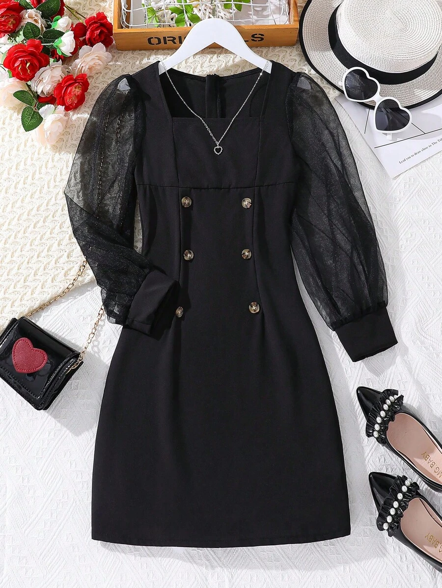 SHEIN 女大童網紗拼接雙排釦前連衣裙 - 黑色 - 查看 1