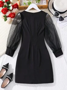 SHEIN 女大童網紗拼接雙排釦前連衣裙 - 黑色 - 查看 2