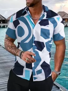 Manfinity Homme 男士幾何印花襯衫不帶T恤 - 藍白色 - 查看 1