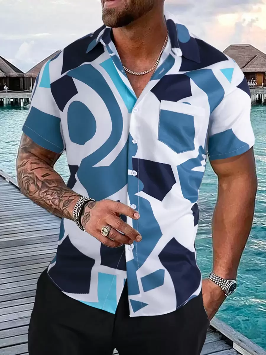 Manfinity Homme 男士幾何印花襯衫不帶T恤 - 藍白色 - 查看 1