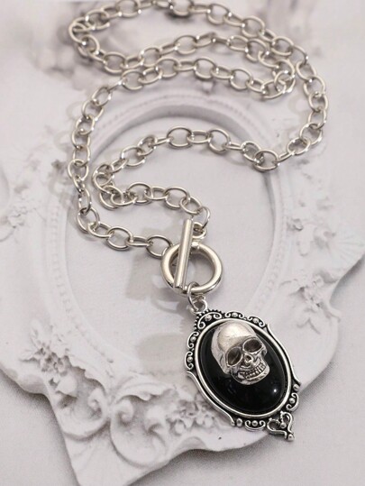1pc Funky Zinc Alloy Skull Decor Chain Necklace For Women For Daily Decoration