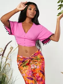 SHEINNeu 球球邊短款襯衫 - 粉色 - 查看 1