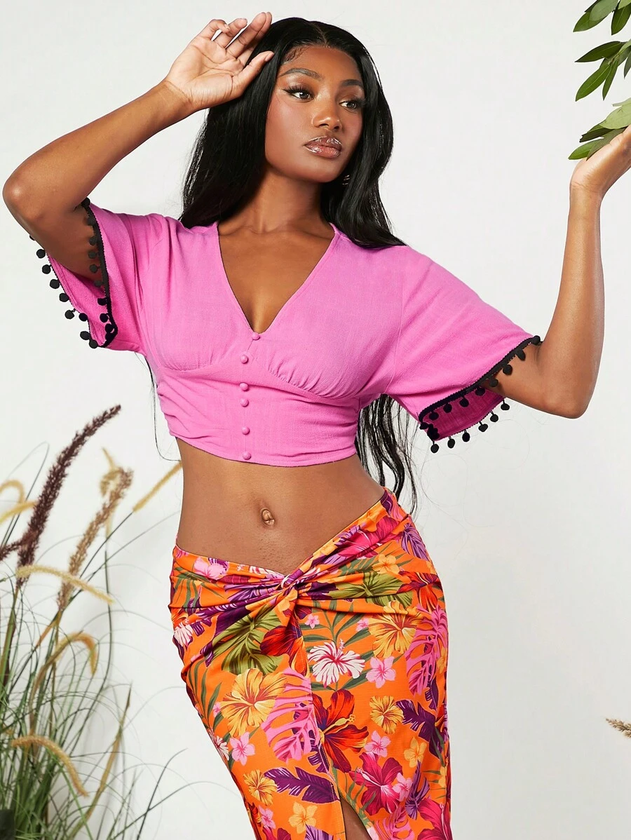 SHEINNeu 球球邊短款襯衫 - 粉色 - 查看 1