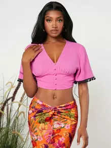 SHEINNeu 球球邊短款襯衫 - 粉色 - 查看 5