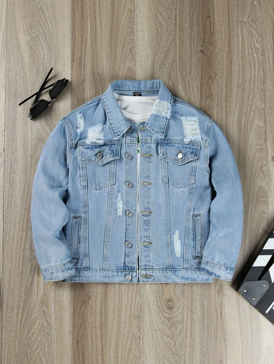 Boys Ripped Flap Pocket Denim Jacket - Light Wash - View 1