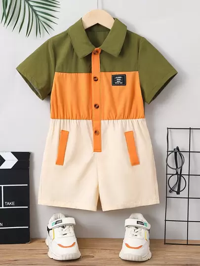 SHEIN 嬰兒字母補丁細節撞色襯衫連體短褲