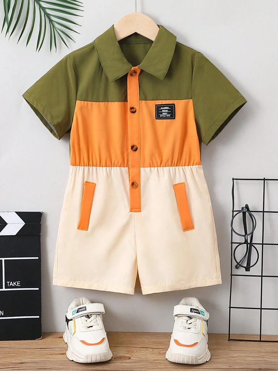 SHEIN 嬰兒字母補丁細節撞色襯衫連體短褲 - 彩色 - 查看 1