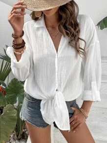 SHEIN Frenchy 素色落肩袖下擺打結襯衫