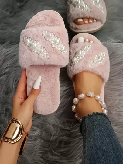 Pantuflas con lazo con rhinestones para mujeres, simples y de moda, de felpa para interiores, antideslizantes, para otoño e invierno, zapatos peludos, pantuflas esponjosas