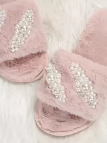 女士水钻蝴蝶结拖鞋，毛绒室内家居套脚鞋，简约时尚，防滑，适合秋冬季节，毛茸茸的鞋子，蓬松的拖鞋 - 粉色 - 查看 3