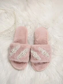 女士水钻蝴蝶结拖鞋，毛绒室内家居套脚鞋，简约时尚，防滑，适合秋冬季节，毛茸茸的鞋子，蓬松的拖鞋 - 粉色 - 查看 4