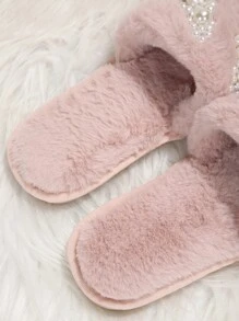 女士水钻蝴蝶结拖鞋，毛绒室内家居套脚鞋，简约时尚，防滑，适合秋冬季节，毛茸茸的鞋子，蓬松的拖鞋 - 粉色 - 查看 6